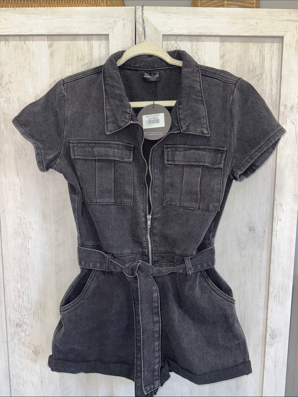 White Fox Washed Black Denim Romper with Belt